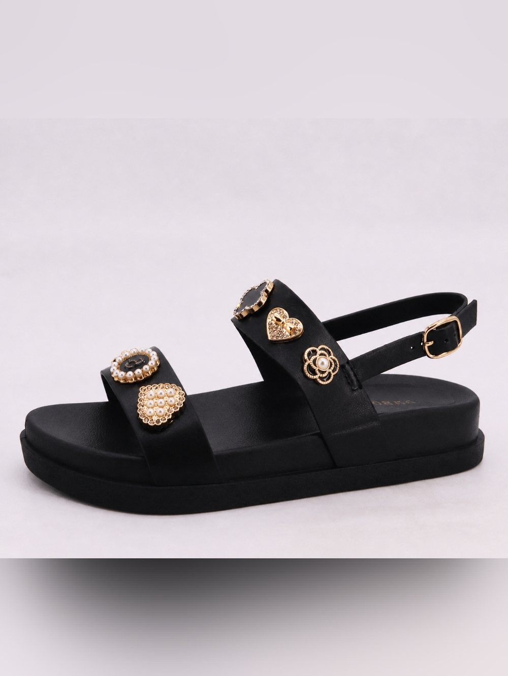 Black Embellished Women's Slide Sandals with Gold Accents